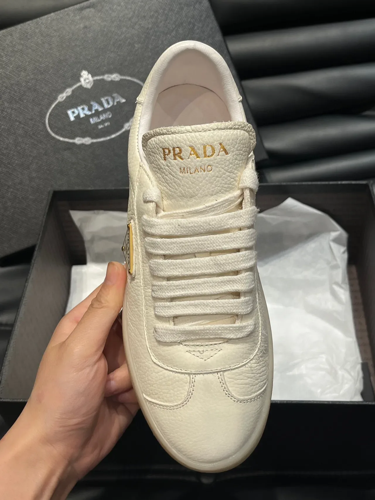 Prada Beige Gold Textured Leather Upper Triangular Logo Plaque Lifestyle Sneakers 6
