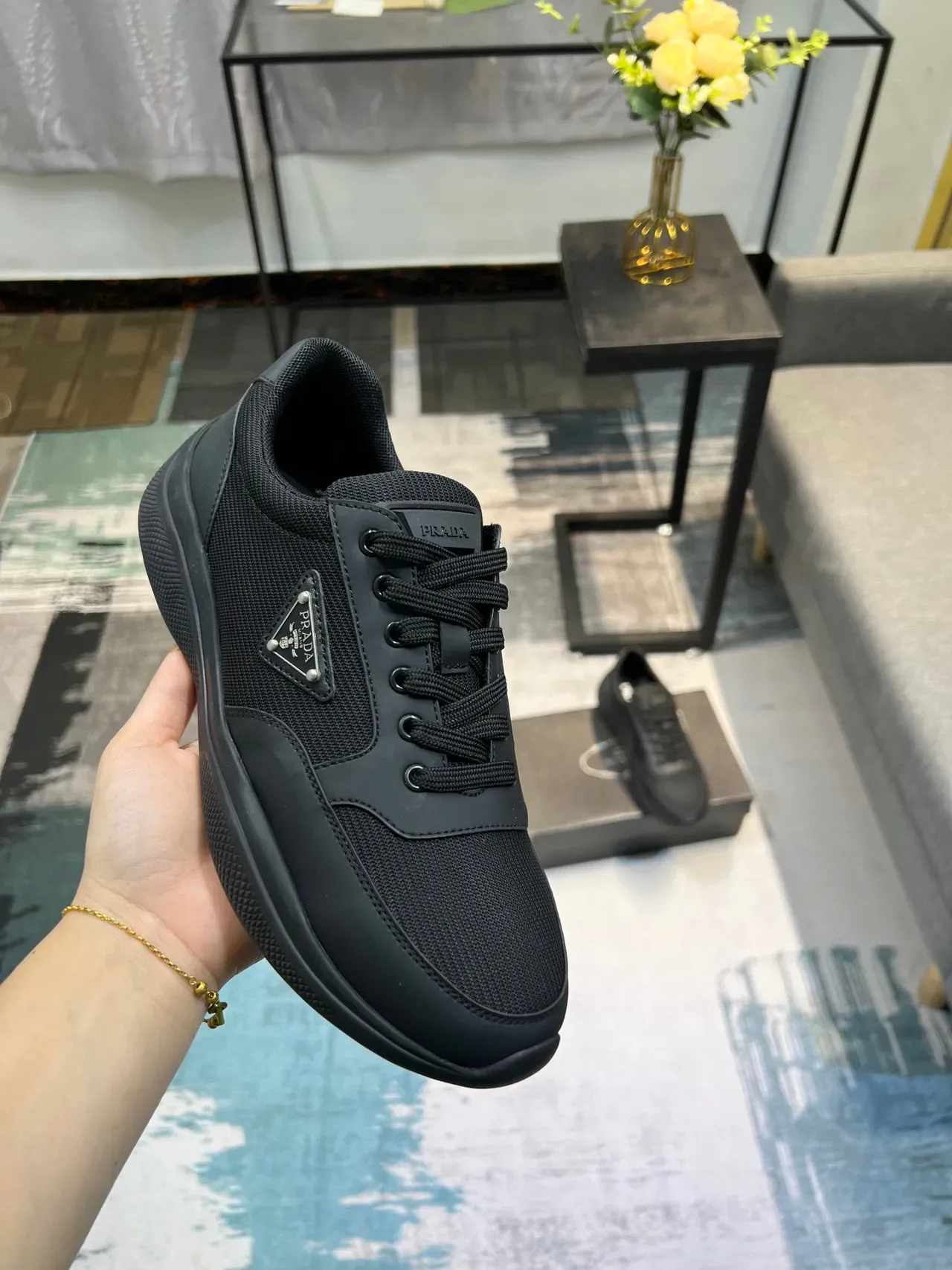 Prada Black Monochrome Mesh-Synthetic Hybrid Upper Lifestyle Sneakers 6