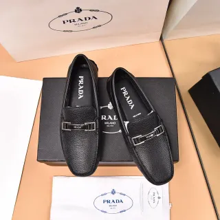 Prada Mocasín Negro Plata Cuero Pebblado Hebilla Horsebit Metal