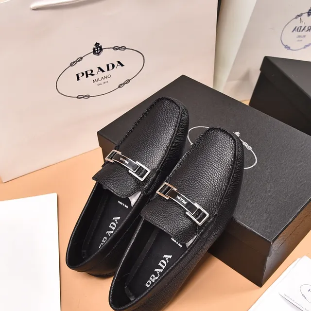 Prada Black Silver Pebbled Leather Metal Horsebit Buckle Loafer 3