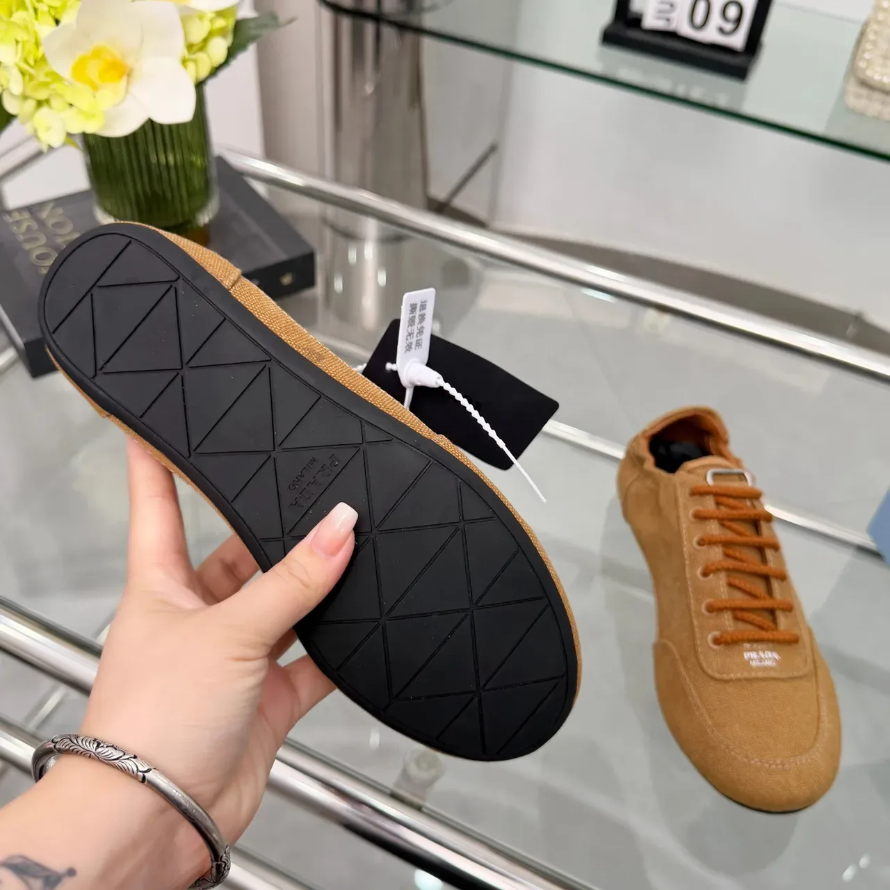 Prada Brown Black Upper Tonal Stitching Canvas Shoes 4