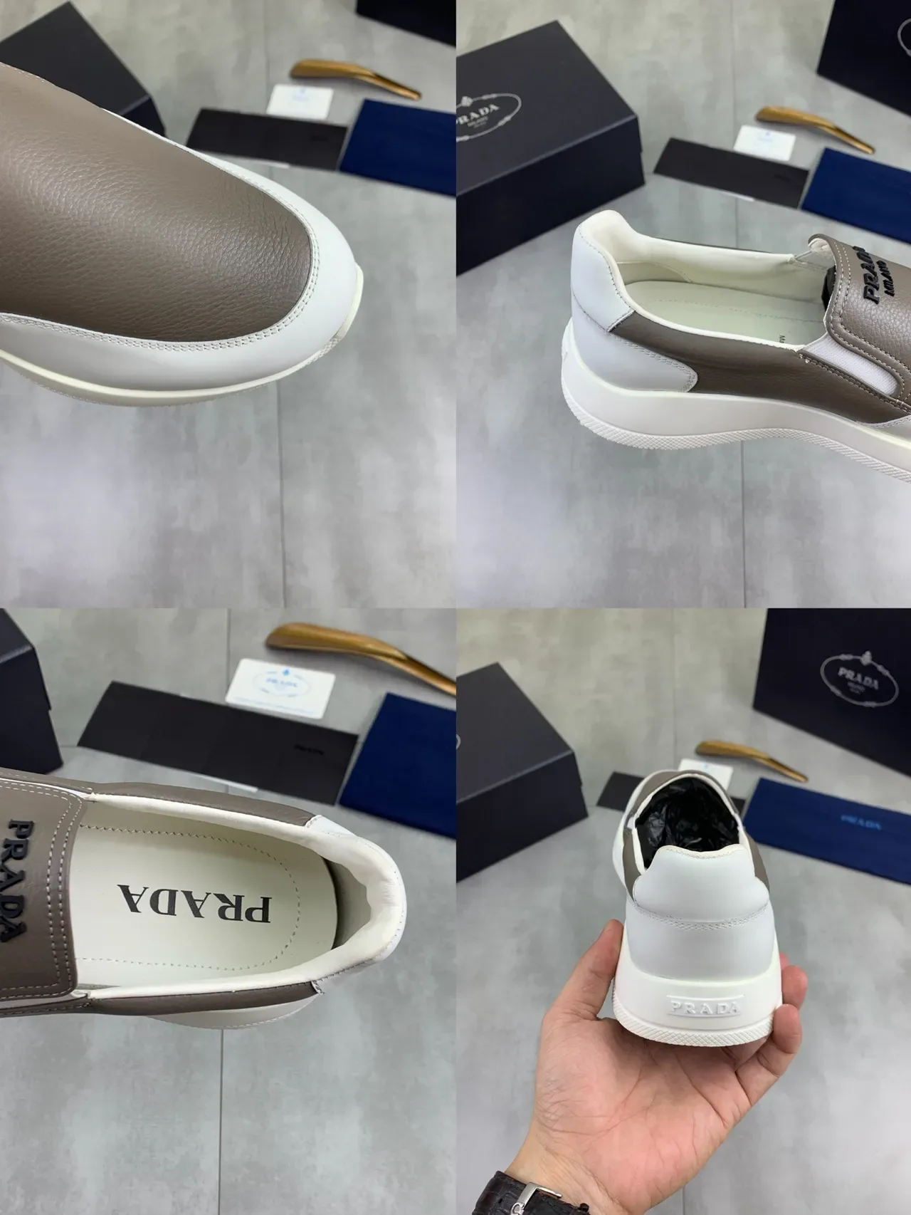 Prada Cloudbust مكاسين جلد ثنائية اللون كريمي وأبيض 2