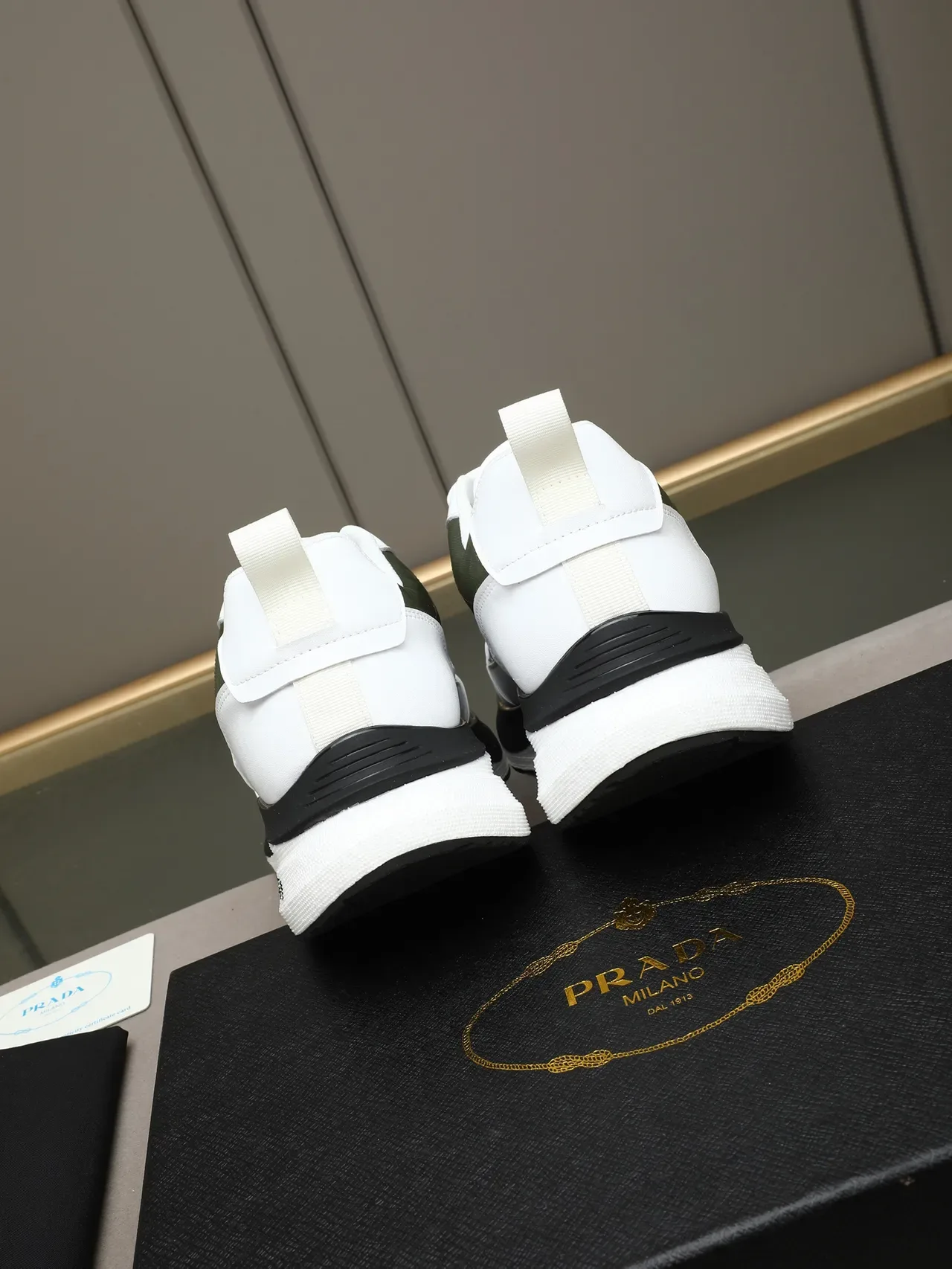 Prada Cloudbust White Army Green Quilted Geometric Textile Triangular Metal Logo Plaque Lifestyle Sneakers 3