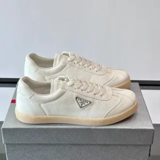 Prada Cloudbust Branco Bege Couro Texturizado Granulado Cadarço Tonal Tênis Lifestyle