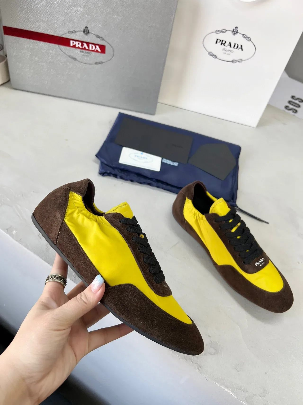 Prada Cloudbust Yellow Brown Color-Blocked Suede And Nylon Lifestyle Sneakers 3