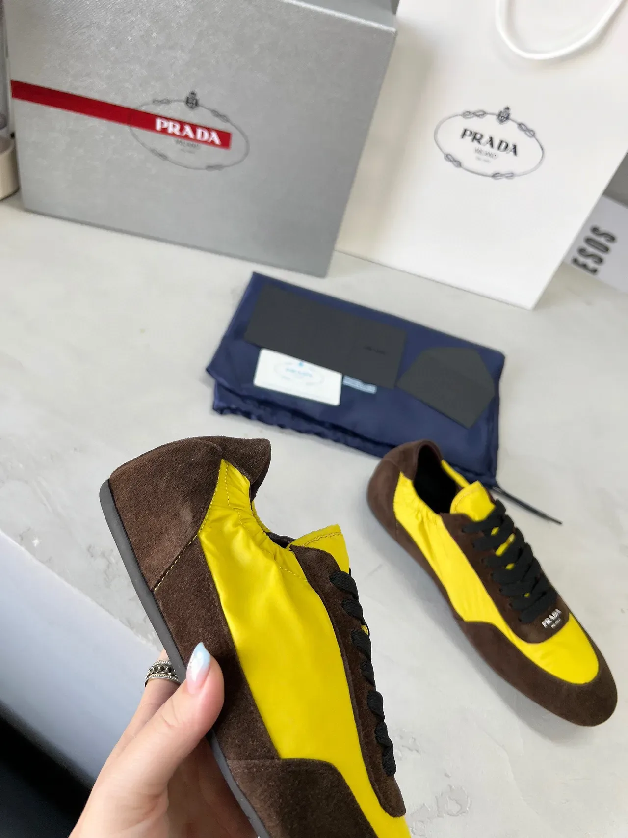 Prada Cloudbust Yellow Brown Color-Blocked Suede And Nylon Lifestyle Sneakers 7