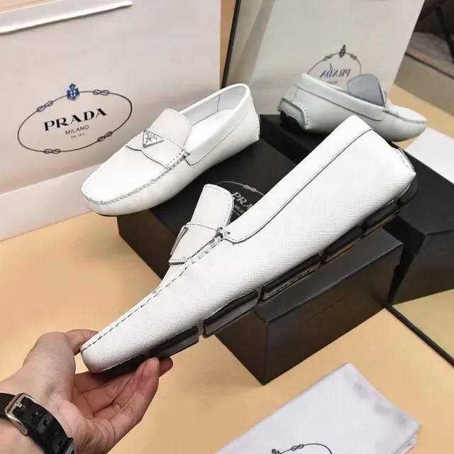 Prada Loafer White Black Leather Moc-Toe Stitching Loafer 8
