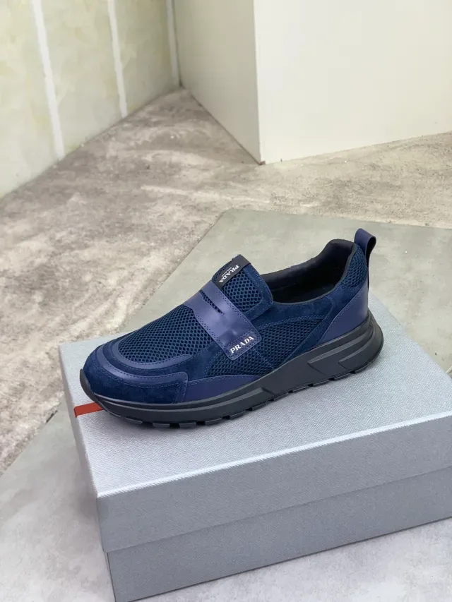 Prada Navy Black Malha e Camurça Superior Fecho Com Tira Elástica Tênis Lifestyle 4