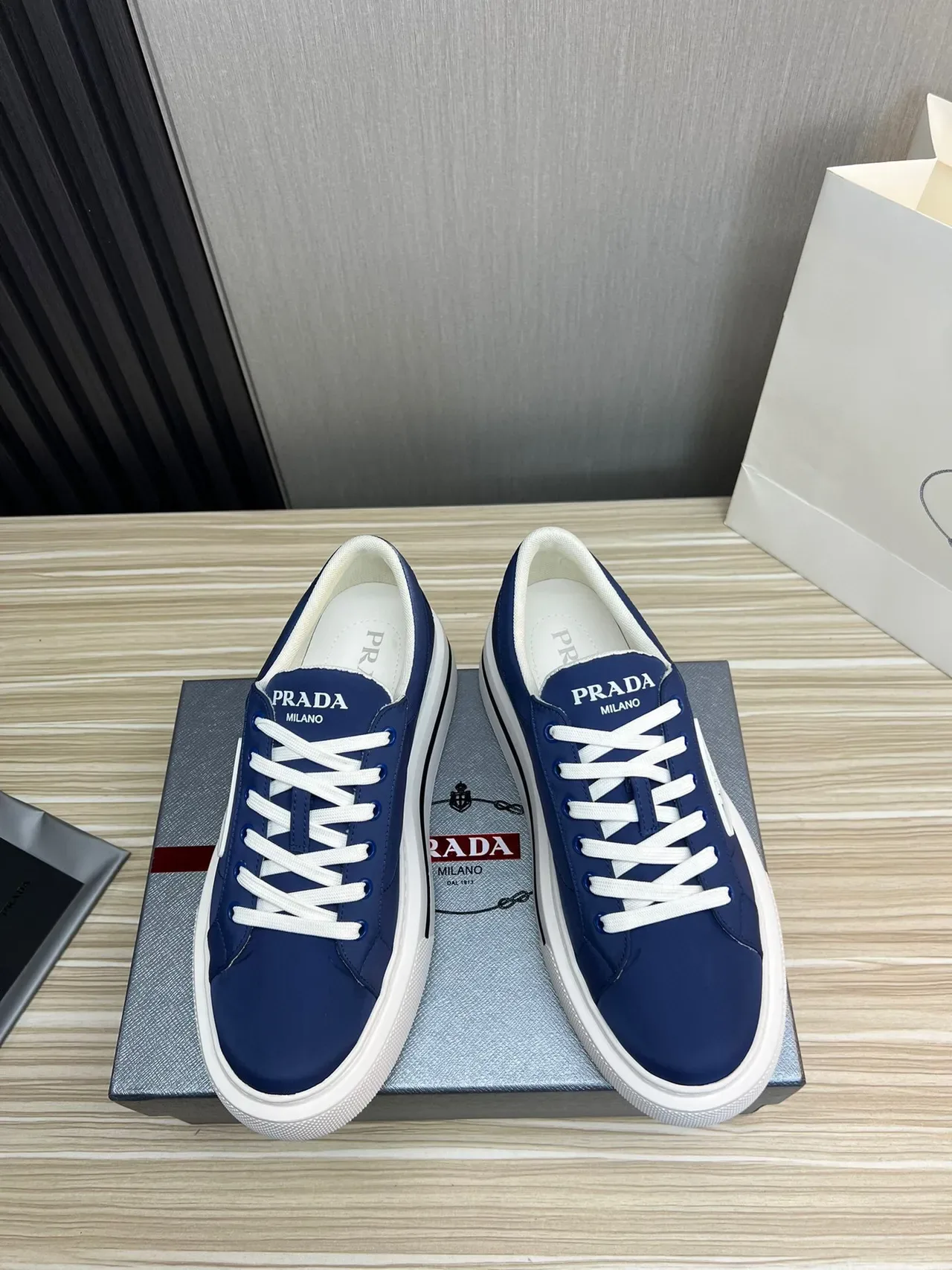 Prada Navy White Low-Top Platform Sole Lifestyle Sneakers 3