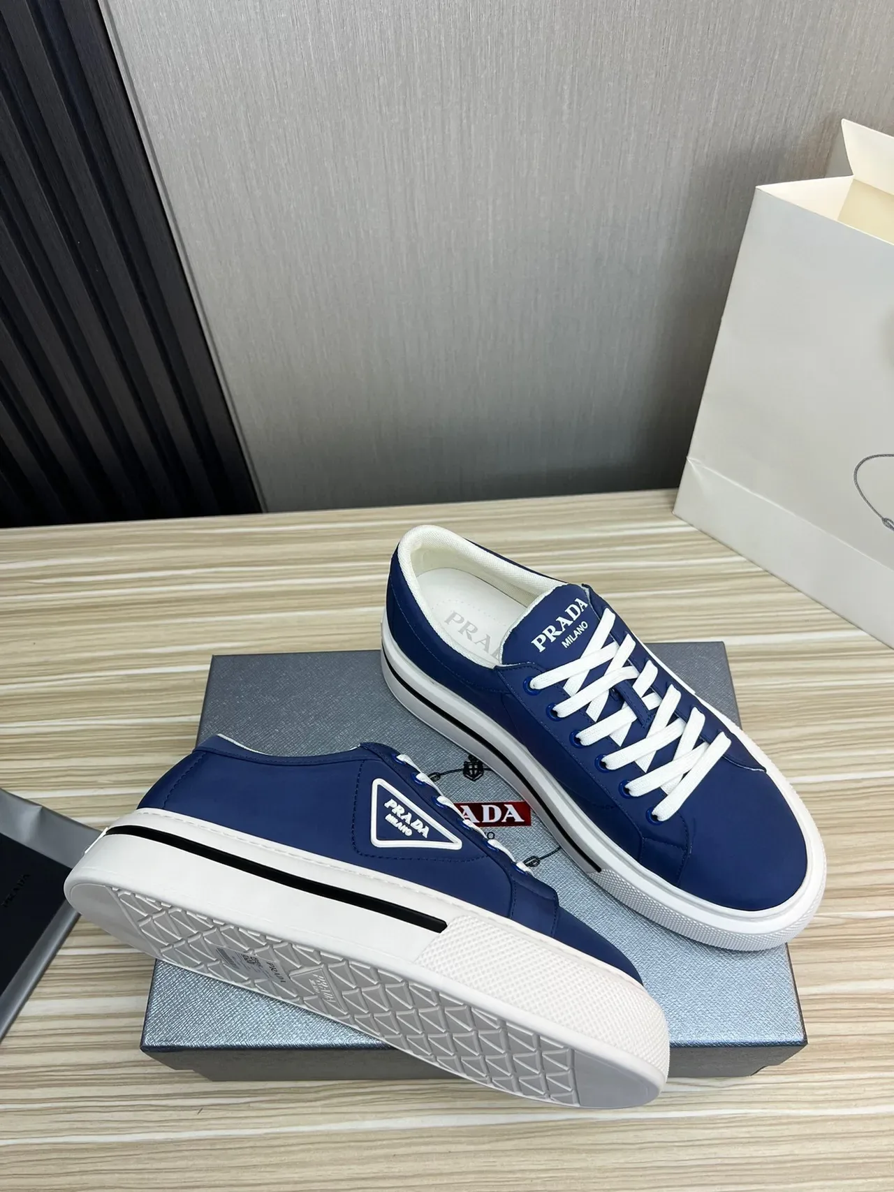 Prada Navy White Low-Top Platform Sole Lifestyle Sneakers 5