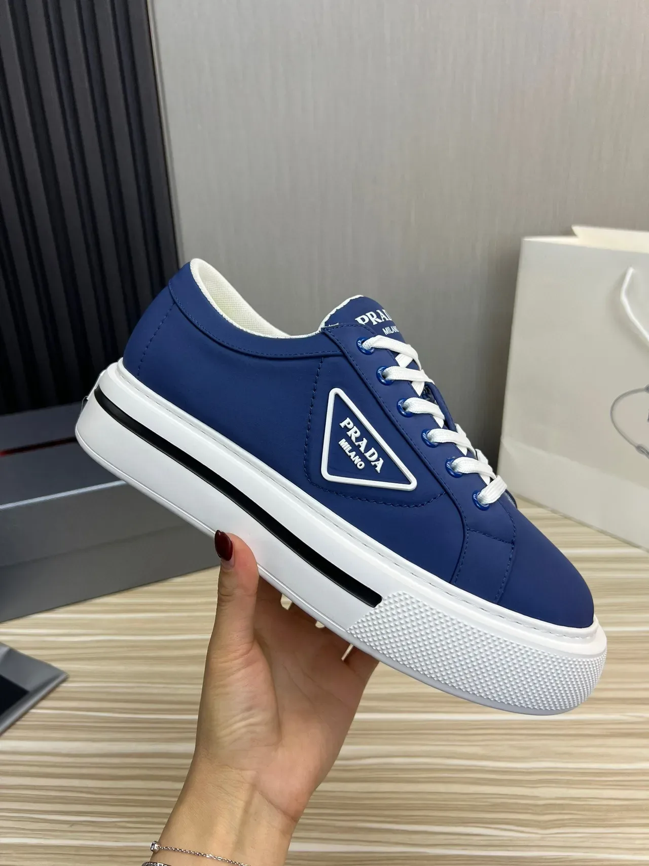Prada Navy White Low-Top Platform Sole Lifestyle Sneakers 6