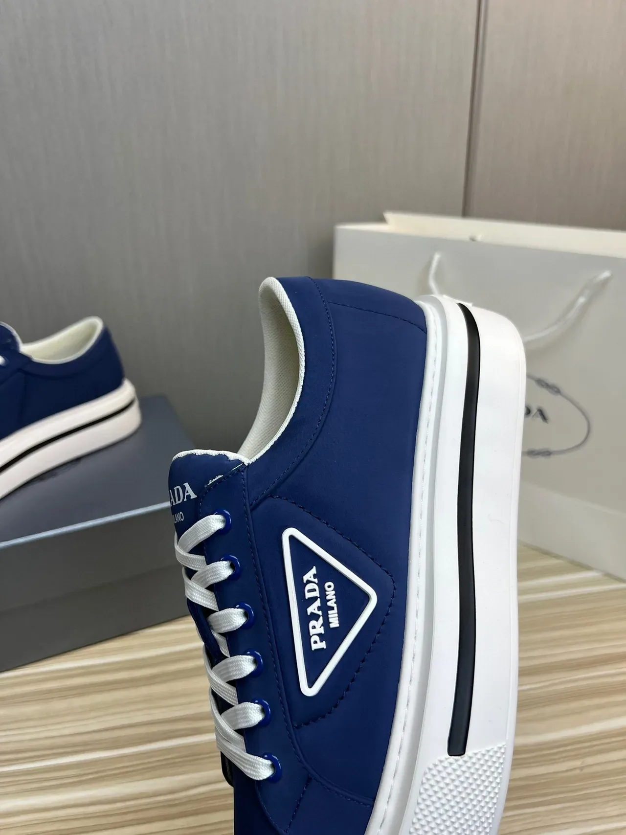 Prada Navy White Low-Top Platform Sole Lifestyle Sneakers 8