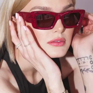 Prada Red Black Marbled Acetate Angular Rectangular Sunglasses