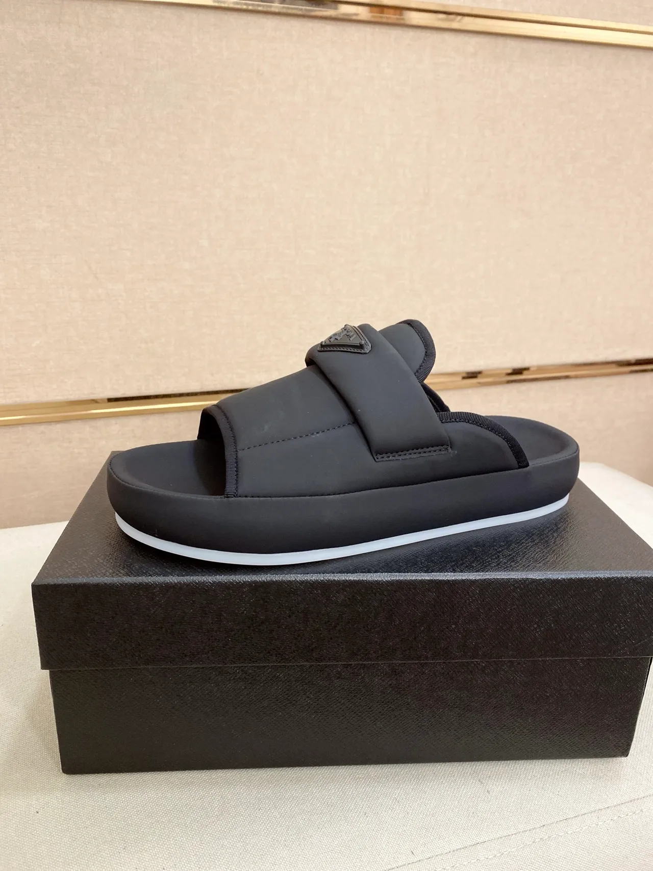 Prada Slide Black White Platform Sole Minimalist Strap Design Slippers 8