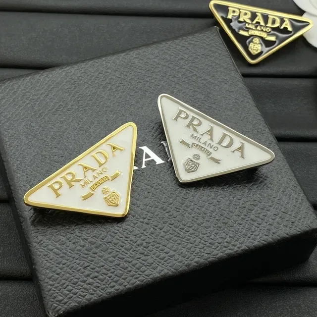Prada Triangle Logo Brooch Black and White Enamel Gold Silver Trim Brooches 2