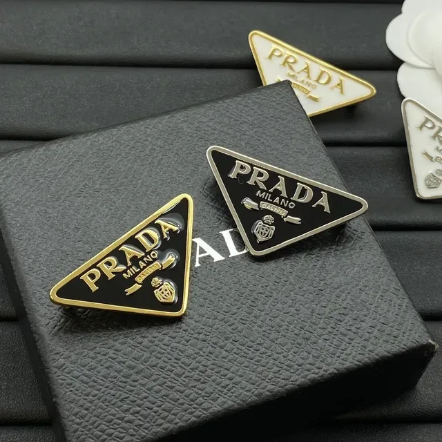 Prada Triangle Logo Brooch Black and White Enamel Gold Silver Trim Brooches 3