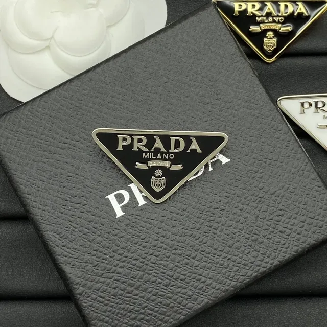 Prada Triangle Logo Brooch Black and White Enamel Gold Silver Trim Brooches 5