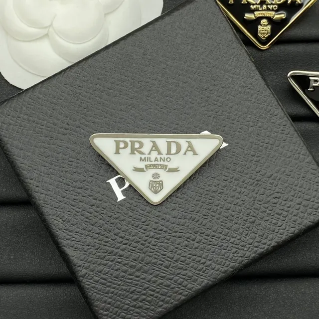 Prada Triangle Logo Brooch Black and White Enamel Gold Silver Trim Brooches 6