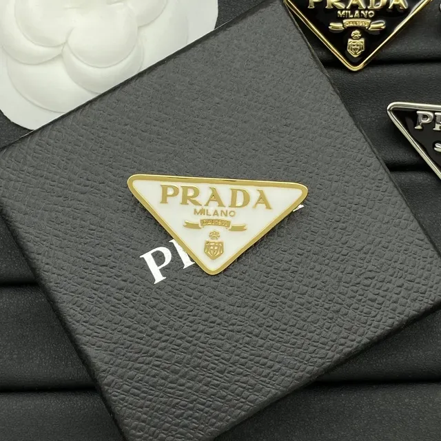 Prada Triangle Logo Brooch Black and White Enamel Gold Silver Trim Brooches 7