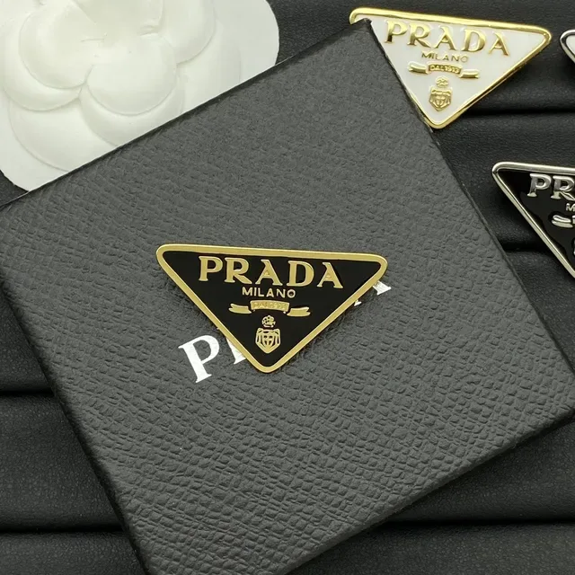 Prada Triangle Logo Brooch Black and White Enamel Gold Silver Trim Brooches 8