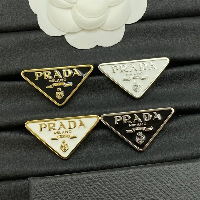 Prada Triangle Logo Brooch Black and White Enamel Gold Silver Trim Brooches 9