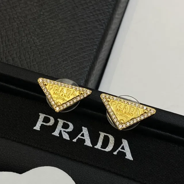 Prada Triangle Logo Silver Gold Triangular Motif Crystal-Pavé Border Earrings 2