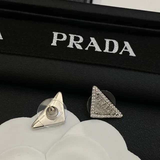 Prada Triangle Logo Silver Gold Triangular Motif Crystal-Pavé Border Earrings 4