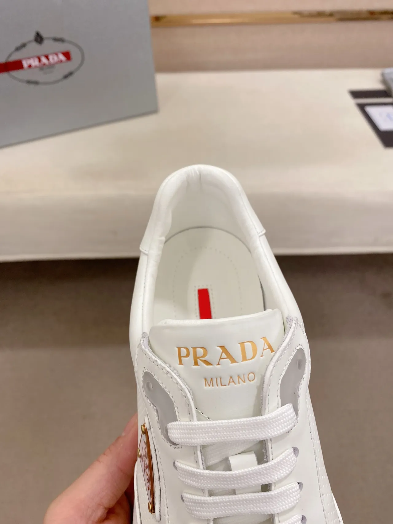 Prada White Beige Perforated Leather Triangular Logo Patch Lifestyle Sneakers 4
