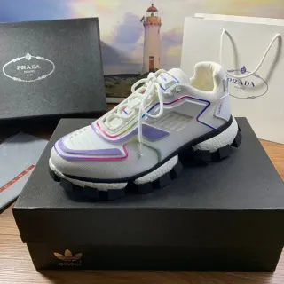 Prada White Multicolor Mesh And Synthetic Overlay Construction Rainbow-Trimmed Geometric Panels Lifestyle Sneakers