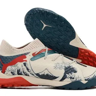 Puma Beige Navy Knit Upper Wave-and-Mountain Graphic Print Sneakers