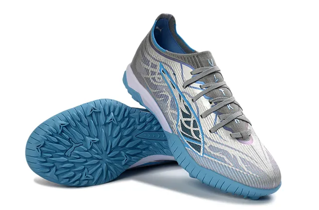 Puma Future Z Tênis de futebol cinza azul com upper de malha, overlay de onda assimétrica para turf 4