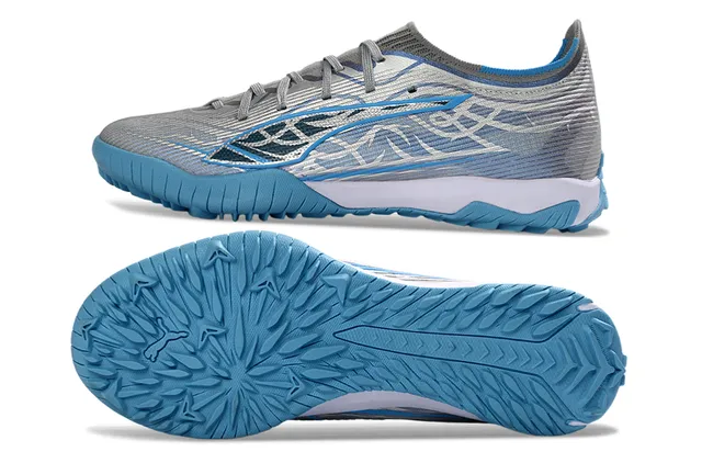 Puma Future Z Tênis de futebol cinza azul com upper de malha, overlay de onda assimétrica para turf 6