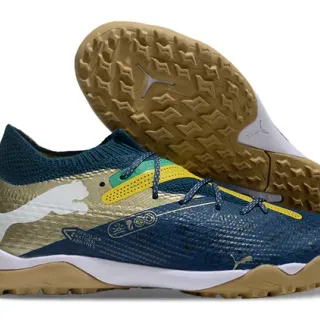 Puma Future Z Navy Gold Knit Sock Collar Asymmetrical Lace Cage Turf Soccer Shoes