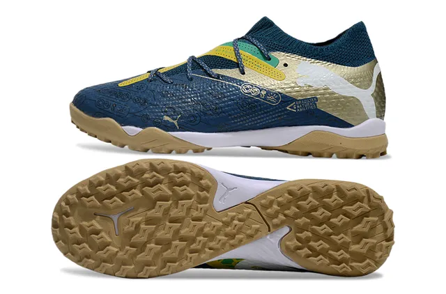 Puma Future Z أزرق بحري ذهبي كولار جورب منسوج غير متماثل لاس كاج تيرف أحذية كرة القدم 6
