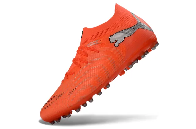 Puma কমলা রূপালী বোনা সেলাইবিহীন উপরের ধাতুর টিপড conical studs ফার্ম গ্রাউন্ড ফুটবল জুতো 3