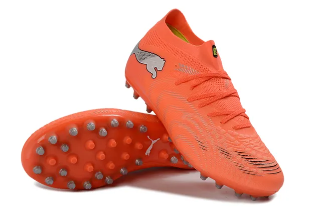 Puma কমলা রূপালী বোনা সেলাইবিহীন উপরের ধাতুর টিপড conical studs ফার্ম গ্রাউন্ড ফুটবল জুতো 4