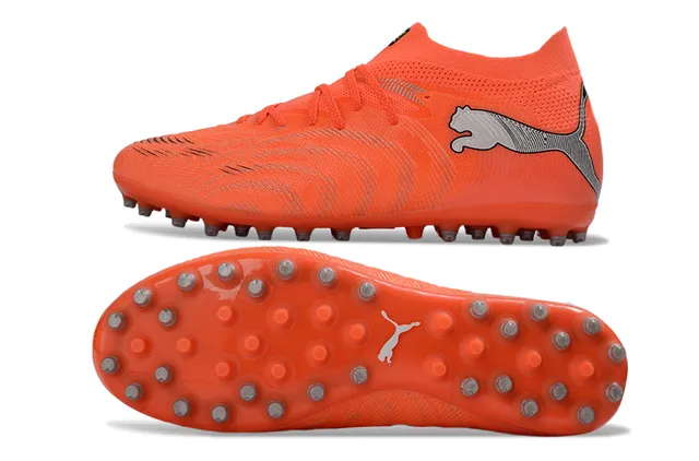 Puma কমলা রূপালী বোনা সেলাইবিহীন উপরের ধাতুর টিপড conical studs ফার্ম গ্রাউন্ড ফুটবল জুতো 6