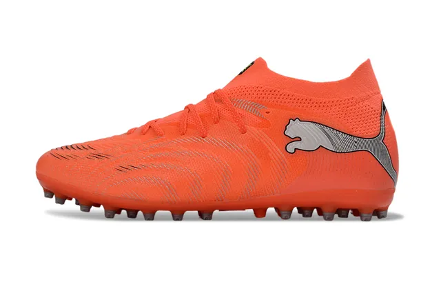 Puma কমলা রূপালী বোনা সেলাইবিহীন উপরের ধাতুর টিপড conical studs ফার্ম গ্রাউন্ড ফুটবল জুতো 7