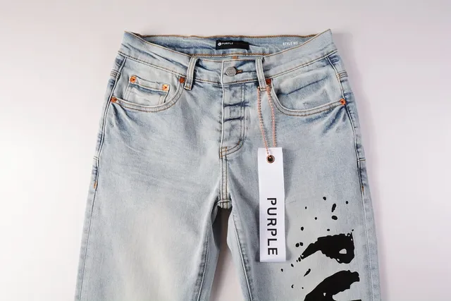 Purple Brand jeans denim azul preto lavado claro impressão gráfica assimétrica 13