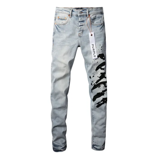 Purple Brand jeans denim azul preto lavado claro impressão gráfica assimétrica 15