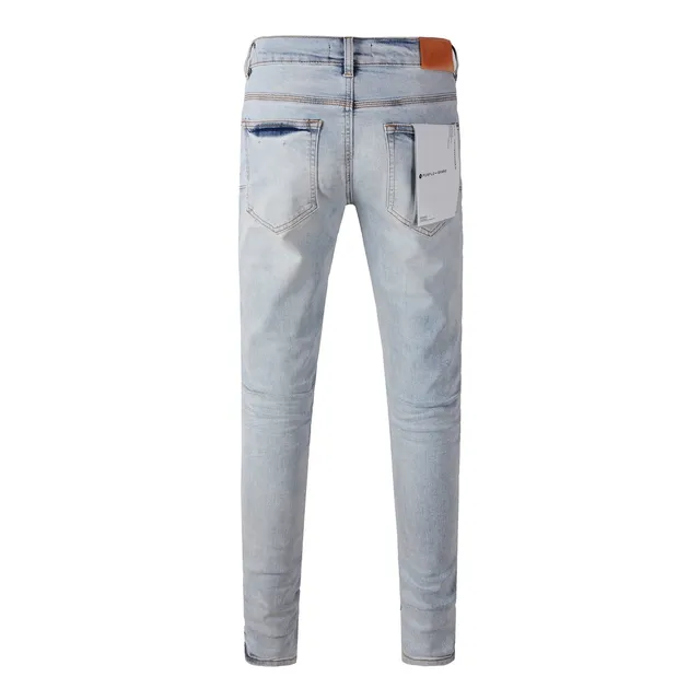 Purple Brand jeans denim azul preto lavado claro impressão gráfica assimétrica 16