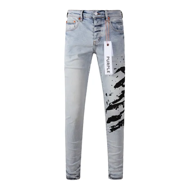 Purple Brand jeans denim azul preto lavado claro impressão gráfica assimétrica 17