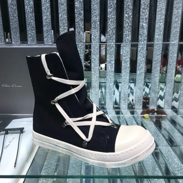 Rick Owens কালো সাদা হাই-টপ ক্রিসক্রস লেসিং এনকেল বুট 5