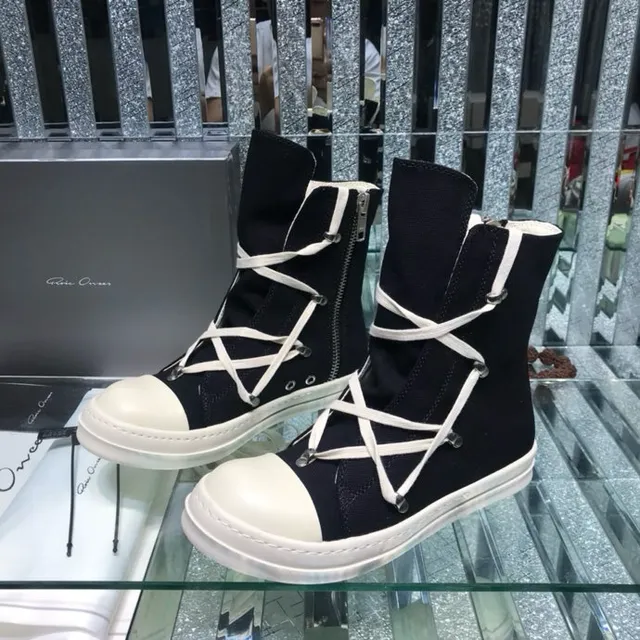 Rick Owens কালো সাদা হাই-টপ ক্রিসক্রস লেসিং এনকেল বুট 6