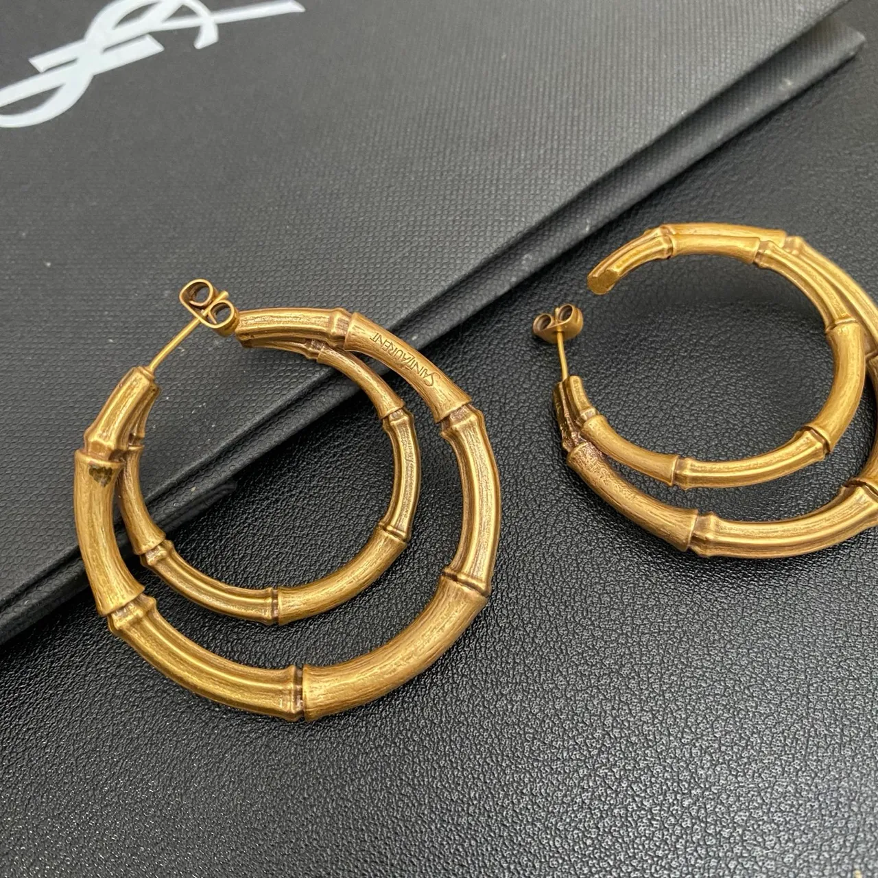Saint Laurent Bamboo Double Hoop Gold-Tone Earrings 2