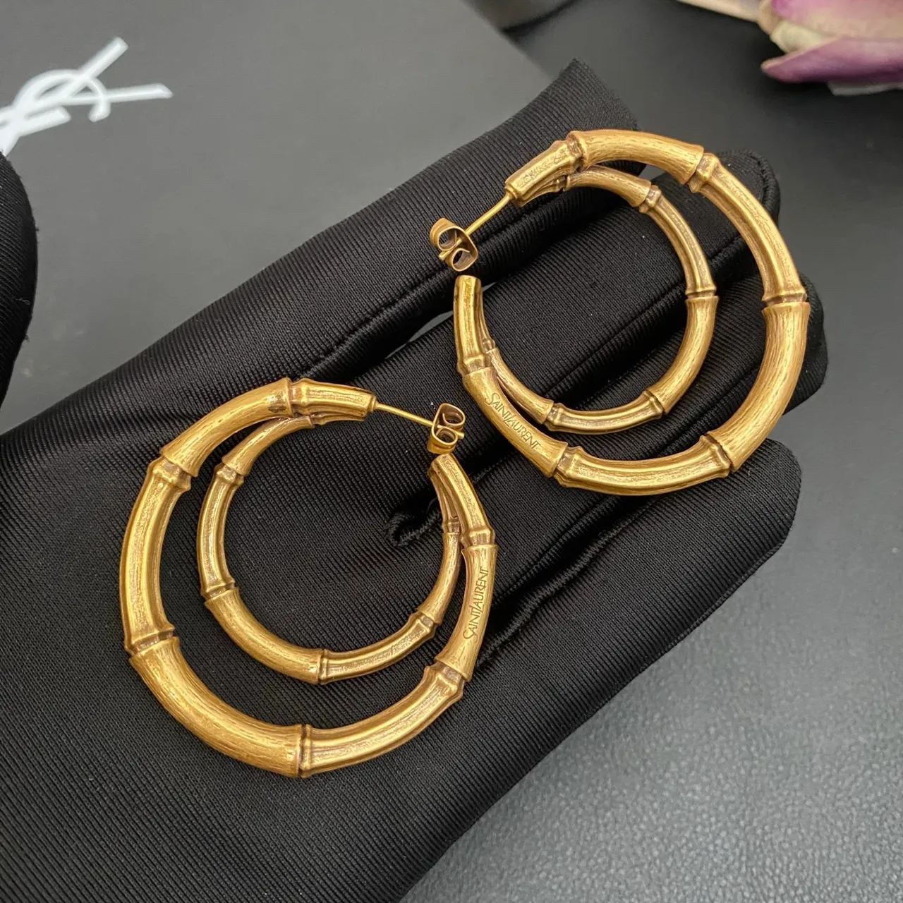 Saint Laurent Bamboo Double Hoop Gold-Tone Earrings 3