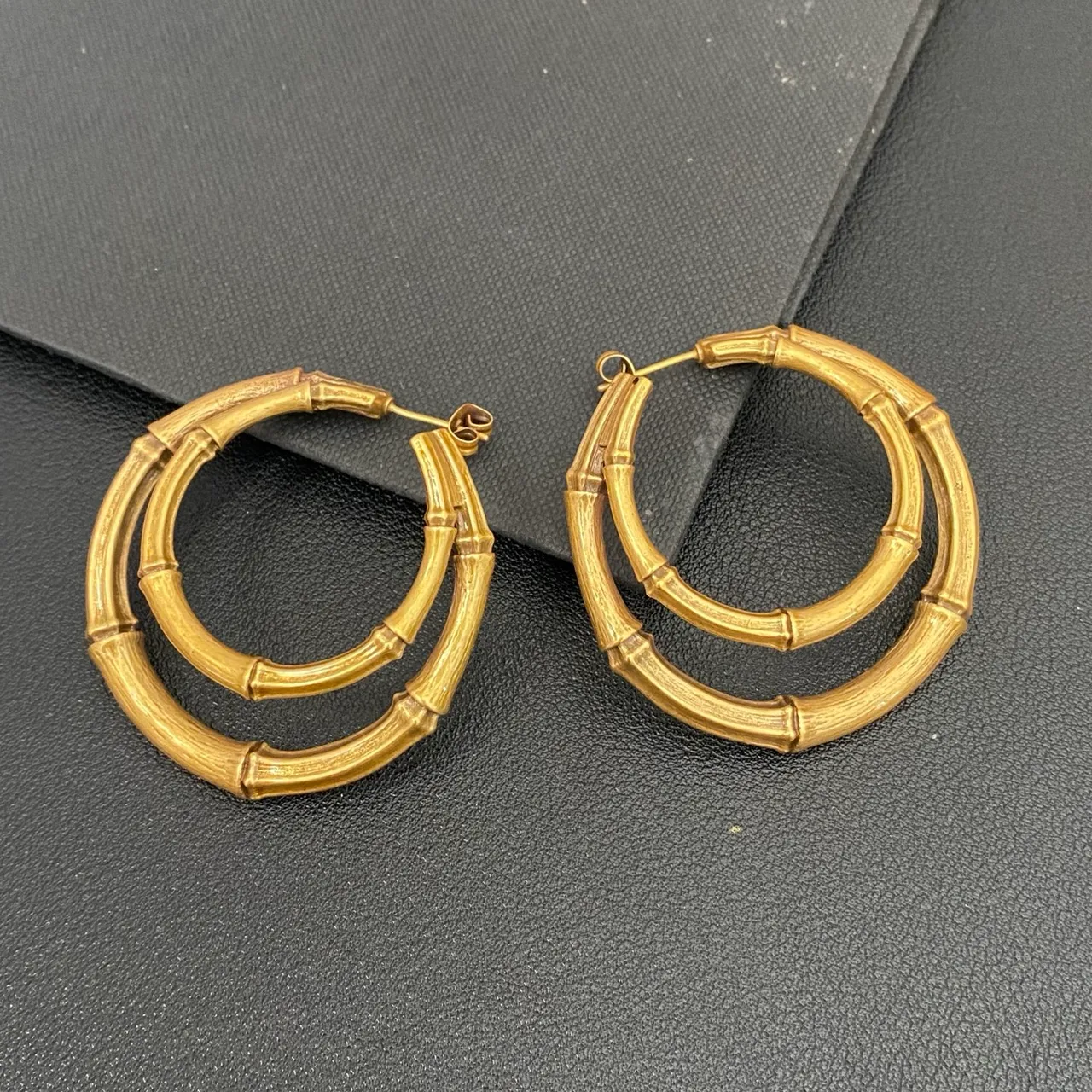 Saint Laurent Bamboo Double Hoop Gold-Tone Earrings 4