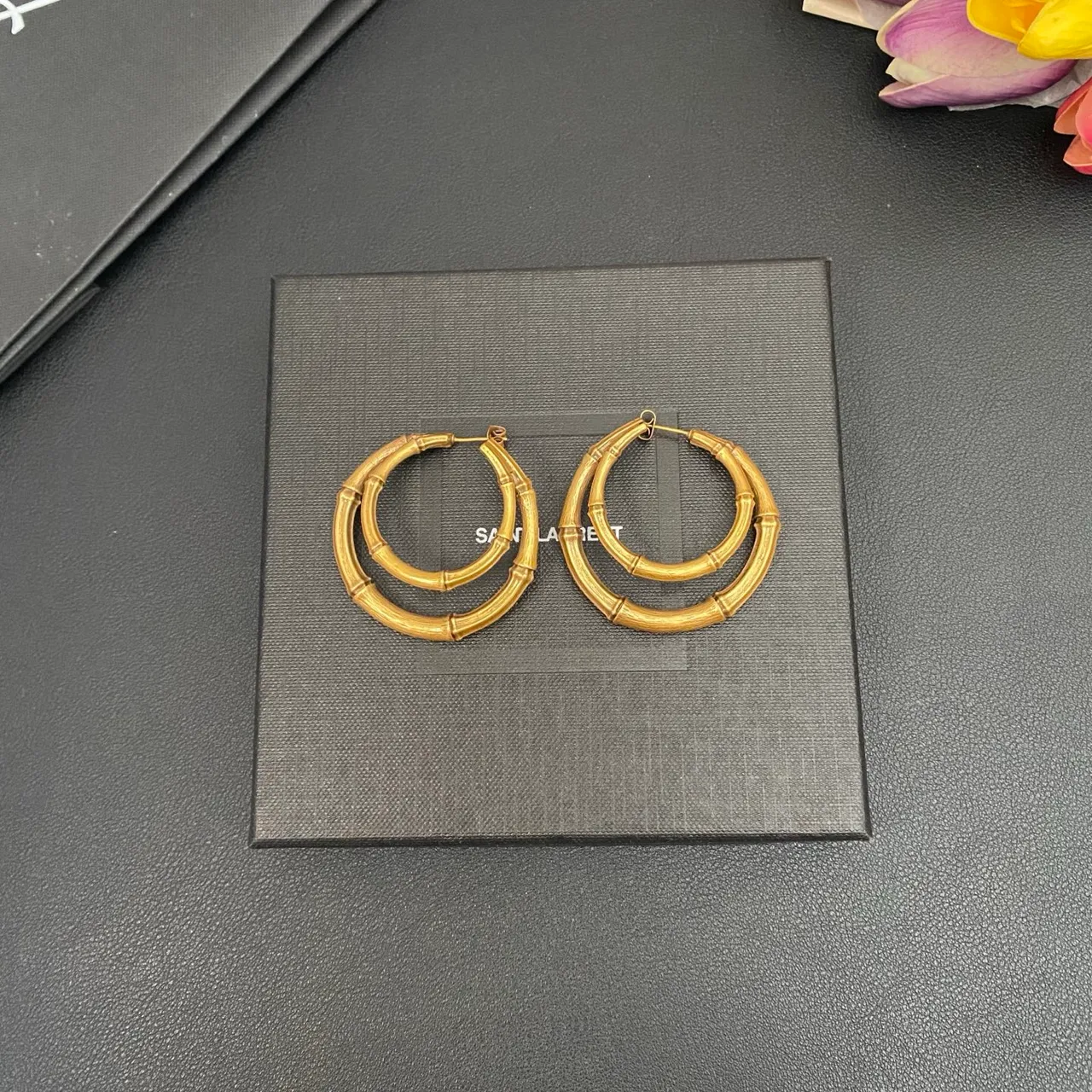 Saint Laurent Bamboo Double Hoop Gold-Tone Earrings 8