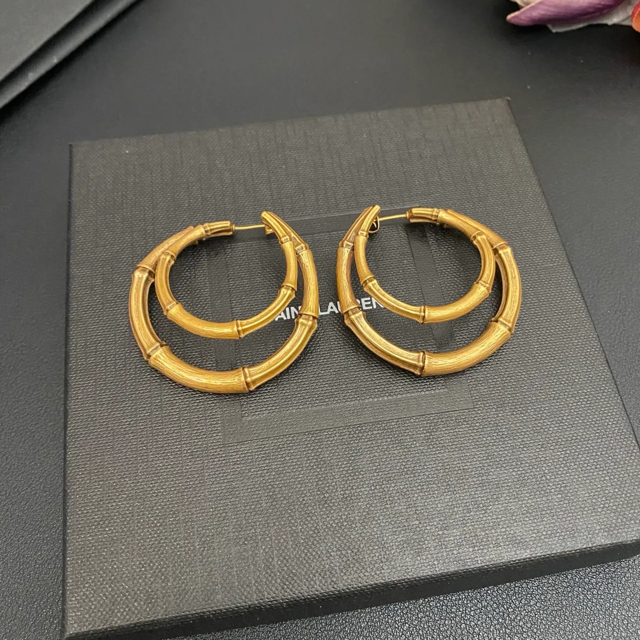 Saint Laurent Bamboo Double Hoop Gold-Tone Earrings 9