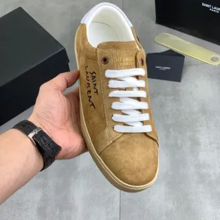Saint Laurent भूरा सफेद सूड ऊपरी वर्टिकल स्क्रिप्ट लोगो लाइफस्टाइल स्नीकर